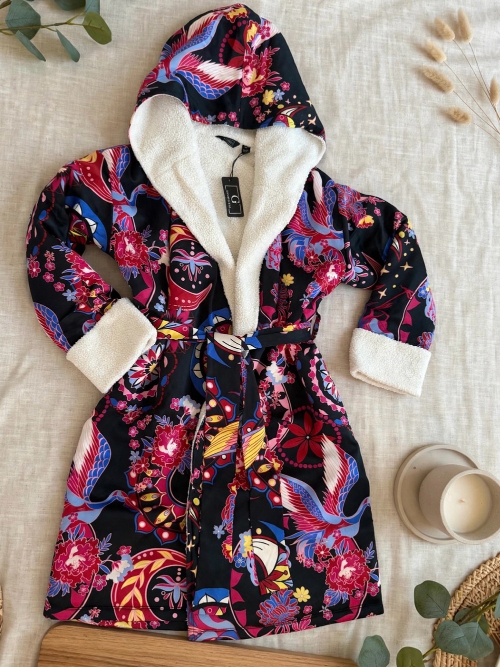 G by Giuliana Girls Hooded Floral & Crane Robe in Black, Pink, Blue